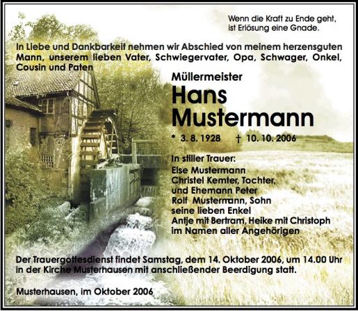Trauerdruck von W Zehner Bestattungen